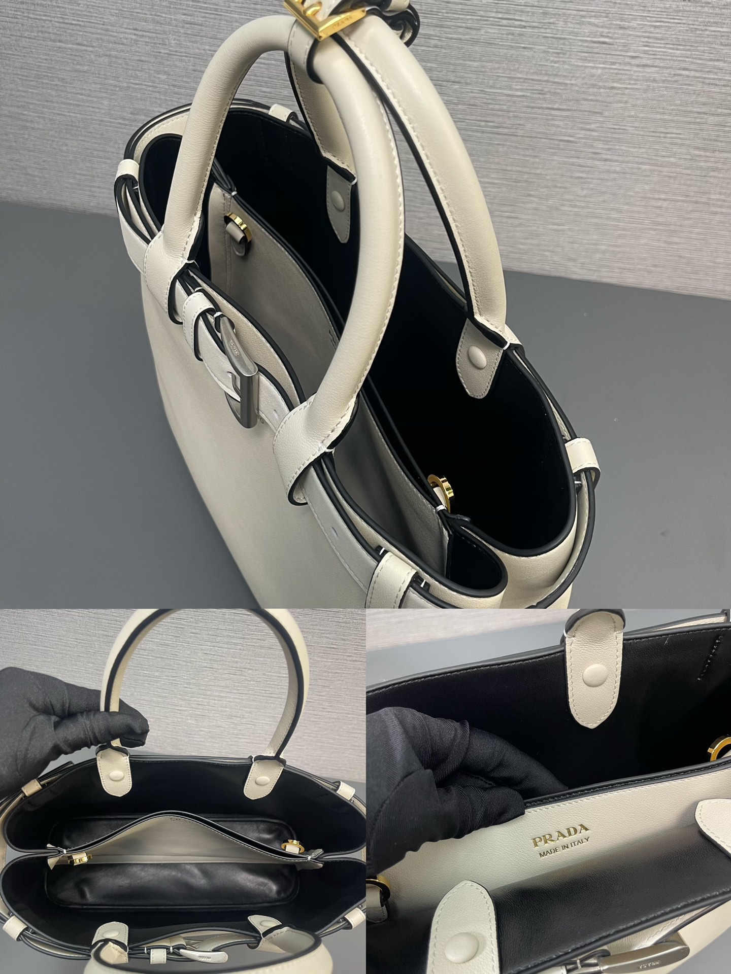 Prada Medium Buckle Leather Handbag Shoulder Bag With Belt White 1BA417